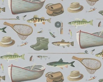 Fishing Fabric, What a Catch on Grayish Blue by David Textiles Novelty Cotton Fabric, Fishing Boat Fabric, Fishing Gear Fabric, At the Lake