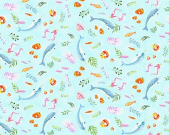 Narwhal and Sea Creatures by Elizabeth Studios Quilting Cotton Fabric, Narwhal Fabric, Under the Sea Nursery Fabric, Jellyfish, Sea Horses