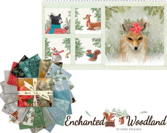 Enchanted Woodland Digital Print 18 piece Fat Quarter Bundle by Clothworks Christmas Quilting Cotton Fabric, Forest Animal Christmas Fabric