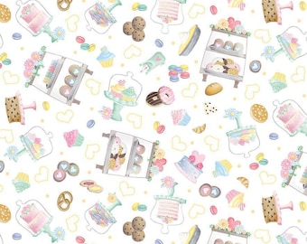 Dessert Fabric, Pastry Treats on White Gnomebody Bakes it Better by Andi Metz for Kanvas Studio Benartex Quilting Cotton Fabric, 12833B-09