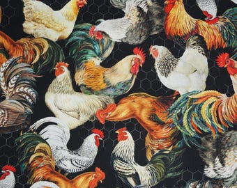 Rooster and Chicken Fabric, Poultry in Motion on Black by Michael Miller Quilting Cotton Fabric, Farmhouse Fabric, Early to Rise