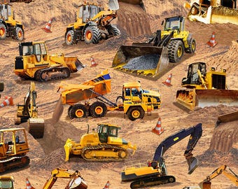 Construction Trucks Fabric, Construction Site by Timeless Treasures Quilting Cotton Fabric CD3737-BROWN