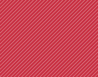 Thin White Stripe on Red Fabric, Thin White Diagonal Stripe on Red Cheefully Red by Riley Blake Quilting Cotton Fabric, White Stripe Fabric