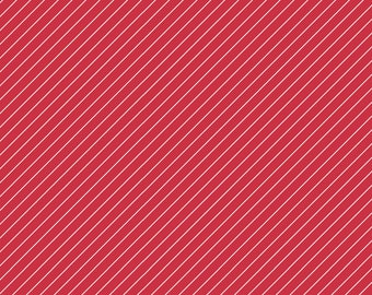 Thin White Stripe on Red Fabric, Thin White Diagonal Stripe on Red Cheefully Red by Riley Blake Quilting Cotton Fabric, White Stripe Fabric