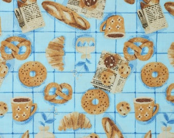 Sourdough Bread Fabric, Baker's Table on Blue Novelty Cotton Fabric