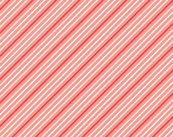 Valentine Stripe Fabric, I Love Us Stripes Coral by Sandy Gervais for Riley Blake Quilting Cotton Fabric, Red and Pink Bias Stripe
