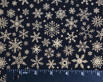 Snowflake Fabric, Metallic Gold Snowflakes on Black by Timeless Treasures Quilting Cotton Fabric, Farmhouse Snowflakes CM2899-BLACK