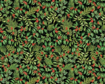 Holly Fabric, Holly and Berries on Black with Gold Metallic Accents Christmas Musical by Benartex Quilting Cotton Fabric 14028M-07B
