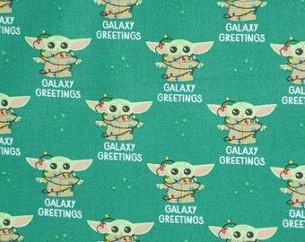 Mandalorian Galaxy Greetings Licensed Star Wars Christmas Novelty Cotton Fabric, Baby Yoda Christmas Fabric