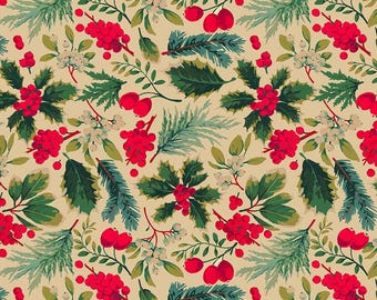 Poinsettia Fabric, Holiday Mix on Cream Holly Day by Martha Negley for Free Spirit Quilting Cotton Fabric PWMN059.CREAM