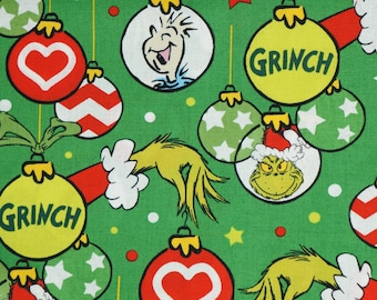 Grinch Fabric, The Grinch Holiday Ornaments on Green by Robert Kaufman Licensed Novelty Cotton Fabric How the Grinch Stole Christmas