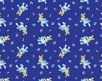 Bluey Fabric, Disney Junior Bluey Dance Mode Music on Dark Blue Licensed by Springs Creative Novelty Cotton Fabric, Disney Bluey Fabric