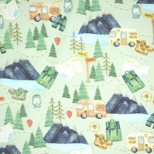 Camping Fabric, Camping Adventure on Green Live, Love, Camp Benartex Kanvas Studio Quilting Cotton Fabric, Scenic Camping, 14454-44B