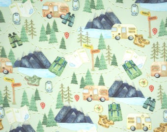 Camping Fabric, Camping Adventure on Green Live, Love, Camp Benartex Kanvas Studio Quilting Cotton Fabric, Scenic Camping, 14454-44B