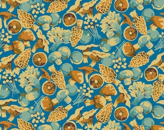 Mushroom Fabric, Mushroom Mix on Blue Forage by Martha Negley for Free Spirit Quilting Cotton Fabric PWMN076.BLUE