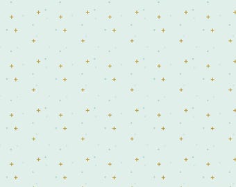 Light Blue Green Blender Fabric, Sparkler on Bleached Denim Riley Blake Quilting Cotton Fabric, Gold Metallic Plus Signs, SC650-BLEACHED
