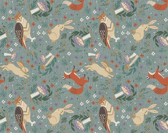 Woodland Animal Fabric, Woodland Cottage Core on Fresca Blue by Jessica Flick for Benartex Quilting Cotton Fabric 16375B-05