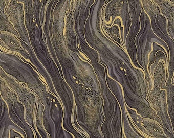 Silver and Gold Metallic Oil Slick Fabric, Iron Abstract Marbling Quilting Cotton by Timeless Treasures, Charcoal Modern Sewing Fabric