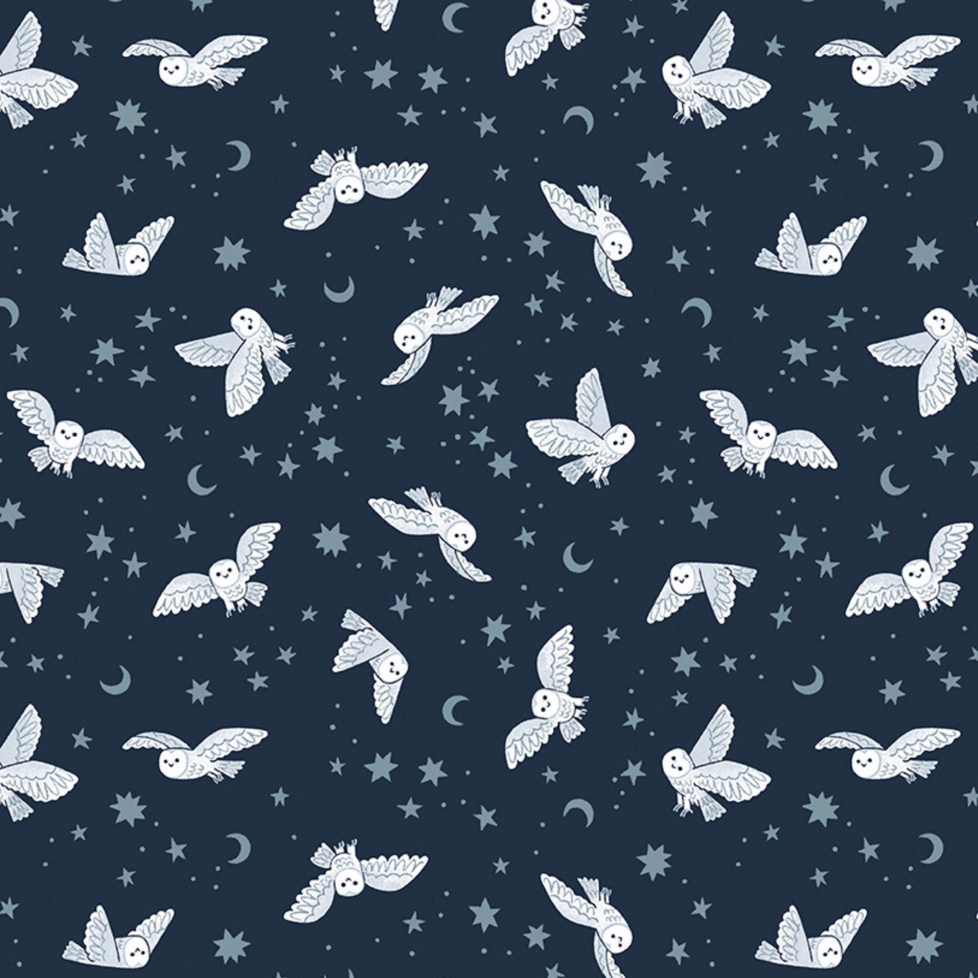 Owl Fabric, Night Owls Twilight Creatures on Indigo by Nat&agrave;lia Juan Abell&oacute; for Riley B