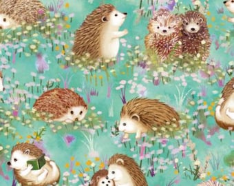 Hedgehog Fabric, Turquoise Hedgehogs by Paintbrush Studios Quilting Cotton Fabric, Woodland Nursery Fabric, Teal Hedgehog Fabric