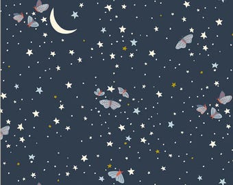Night Sky Fabric, Night Under the Moonlight on Navy Under the Canopy Collection by Jennifer Moore for Winham Organic Quilting Cotton Fabric