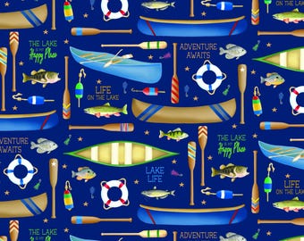 Lake Life Fabric, Lake Life on Navy Sail Away by Andi Metz for Benartex Kanvas Studio Quilting Cotton Fabric, Fishing Fabric, 14446-56B