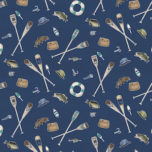 Fishing Fabric, Fishing Icons on Navy Blue Wake by the Lake Quilting Cotton by Riley Blake Quilting Cotton Fabric, C14892-NAVY