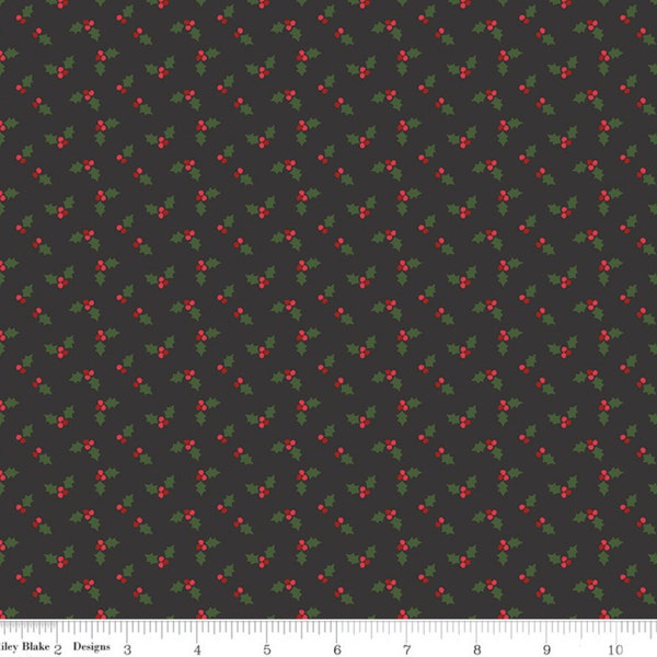 Holly Leaves on Black, Riley Blake Holly Holiday Holly Charcoal Quilting Cotton Fabric, Small Print Christmas Fabric, C10886-CHARCOAL