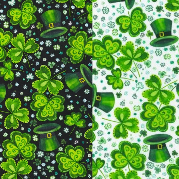 Leprechaun Hats and Shamrocks Fabric, Lucky Day on Black or White by Elena Vladykina Robert Kaufman St Patrick's Day Quilting Cotton Fabric