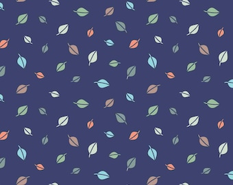Forest Leaves Flannel Fabric, Forest Leaves Tossed on Navy Cozy Forest by Kanvas Studio for Benartex Comfort Flannel Fabric, Nursery