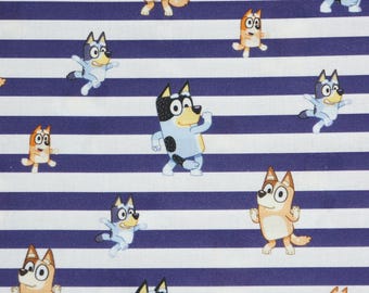 Bluey Fabric, Bluey and Family on White and Blue Stripe Licensed by Springs Creative Novelty Cotton Fabric, Heeler Family