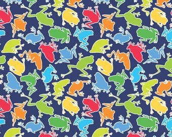 Frog Fabric, Rainbow Camo Frogs Glow on Blue by Kanvas Studio for Benartex Quilting Cotton, Frog Outline Fabric, 14898G-99