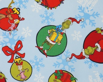 Grinch Fabric, Grinchmas Cheer on Blue by Robert Kaufman Licensed Novelty Cotton Fabric How the Grinch Stole Christmas