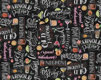 Craft Cocktail Fabric, Signature Cocktails on Black Chalkboard by Michael Miller Quilting Cotton Fabric, Happy Hour Fabric, DDC12092-BLAC