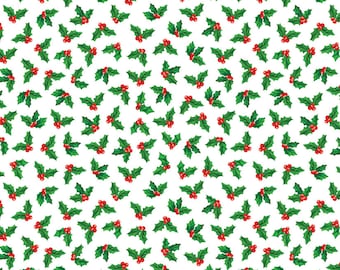 Holly Fabric, Holly on White Sugar and Spice by Nicole DeCamp by Benartex Kanvas Studio Quilting Cotton Fabric 14576-09B