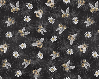 Bee Fabric, Bees with Flowers on Charcoal Late Summer Harvest Collection by Blank Quilting Cotton Fabric, Bumble Bee and Daisy Fabric