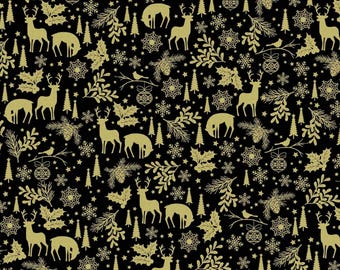 Holiday Forest Fabric, Gold Metallic Holiday Forest on Black Holiday Sparkle by Greta Lynn for Benartex Quilting Cotton Fabric 12524M-12B
