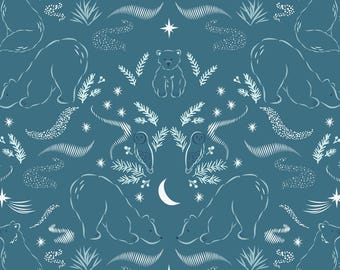 Arctic Animal Fabric, Arctic Lights on Teal by Lewis and Irene Quilting Cotton Fabric, Polar Bears, Arctic Fox and Owls CC28.3