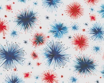 Patriotic Fireworks Fabric, Celebration Fireworks on White by RK Studios for Robert Kaufman Quilting Cotton Fabric SRKD-23432-203