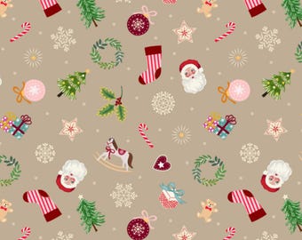Festive Things Fabric, Little Festive Things on Natural with Gold Metallic Accents by Lewis and Irene Quilting Cotton Fabric C120.1