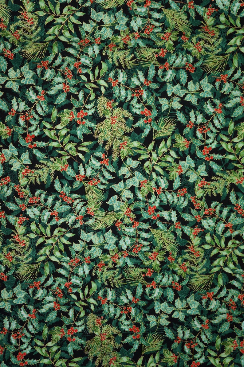 Holly Fabric, Holly and Berries on Black with Gold Metallic Accents Christmas Musical by Benartex Quilting Cotton Fabric 14028M-07B 画像 4