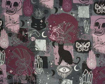 Halloween Fabric Spellbound Novelty Cotton Fabric, Palm Reading, Crystal Ball, Fortune Telling, Skulls, Pink Halloween Fabric