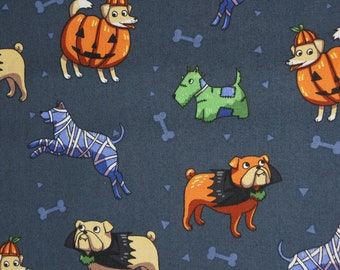 Dogs in Costumes on Navy Halloween Novelty Cotton Fabric, Dracula Dog, Mummy Dog, Costume Dog, Pumpkin Dog