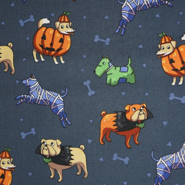 Dogs in Costumes on Navy Halloween Novelty Cotton Fabric, Dracula Dog, Mummy Dog, Costume Dog, Pumpkin Dog