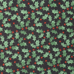 Holly Leaves on Black Novelty Cotton Fabric, Small Print Christmas Fabric