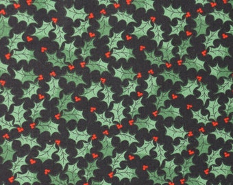 Holly Leaves on Black Novelty Cotton Fabric, Small Print Christmas Fabric