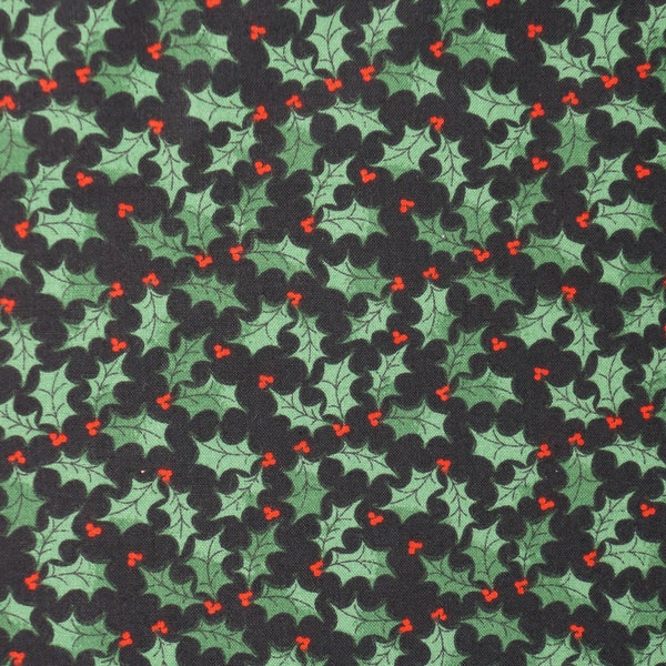 Holly Leaves on Black Novelty Cotton Fabric, Small Print Christmas Fabric