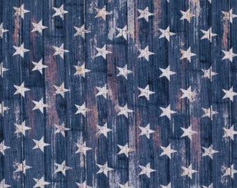 Patriotic Rustic Star Fabric, Rustic Stars on Blue Plank Patriotic Novelty Cotton Fabric, Independence Day, 4th of July Fabric