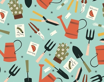 Gardening Fabric, Sowing Season on Light Blue Homestead Haven by Cloud 9 Quilting Organic Cotton Fabric 227922