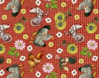 Chicken Fabric, Chicken and Floral on Red Orange Gingham Novelty Cotton Fabric, Floral Chicken Fabric, Farmhouse Fabric